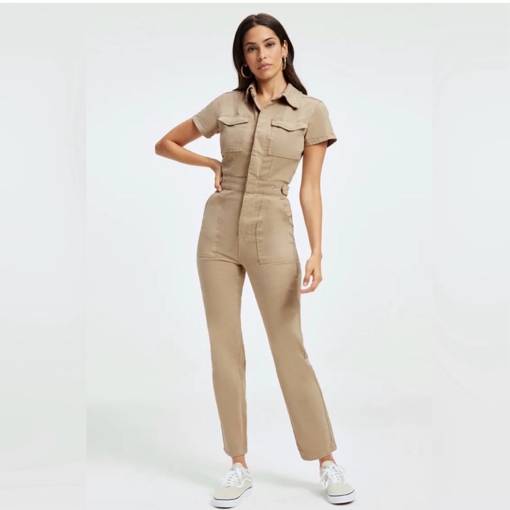 Good American Short-Sleeve Utility Jumpsuit in Khaki